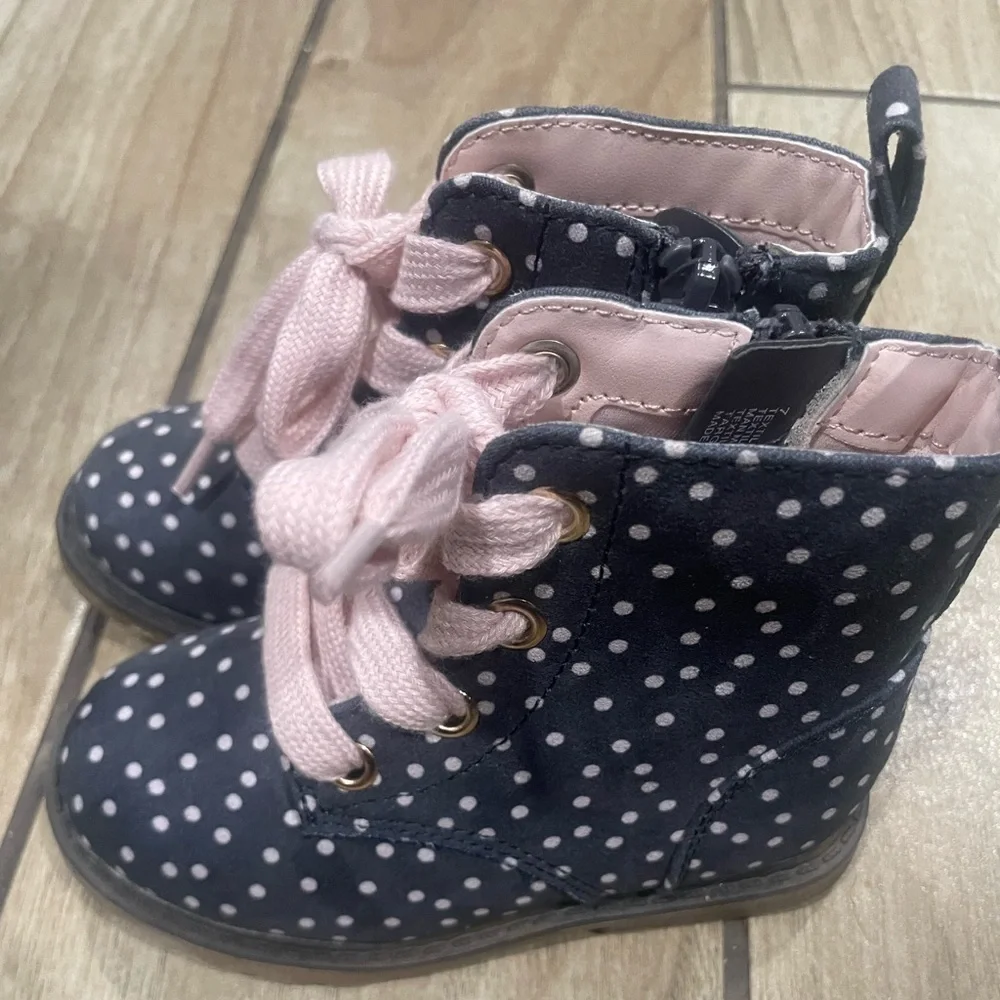 Cat & Jack Navy Polka Dot Boots with Pink Laces